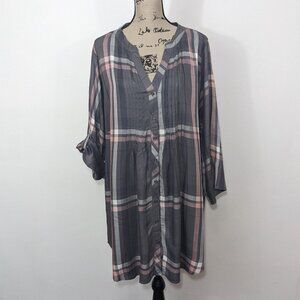 NWT Avenue Womens Tunic Gray Pink Roll Tab Sleeve Button Down Blouse Top 22/24